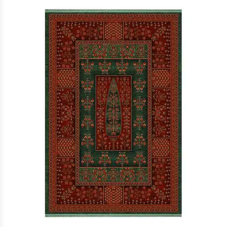 فرش ماشینی 700 شانه فرش ابریشمی کرامتیان زمینه سبز حاشیه لاکی مدل طرح سرو جاودان کد 5106B